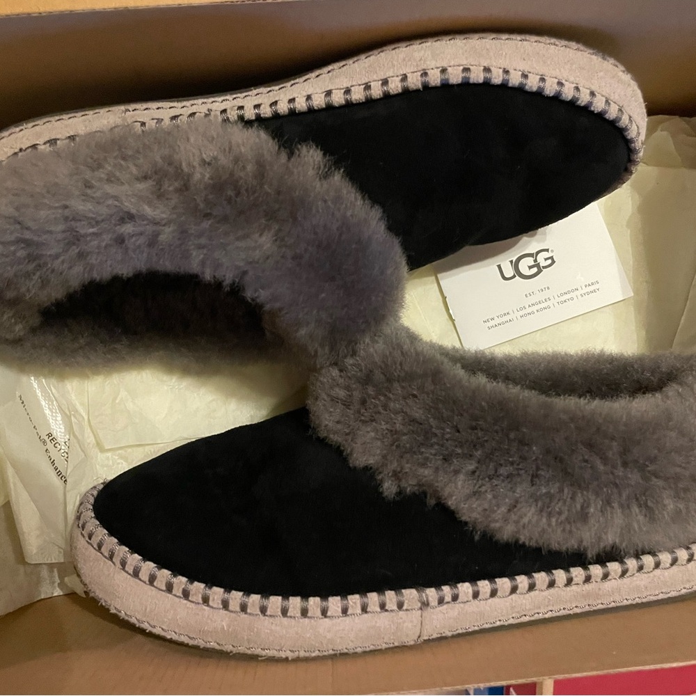 UGG Black and Gray Shearling Slippers